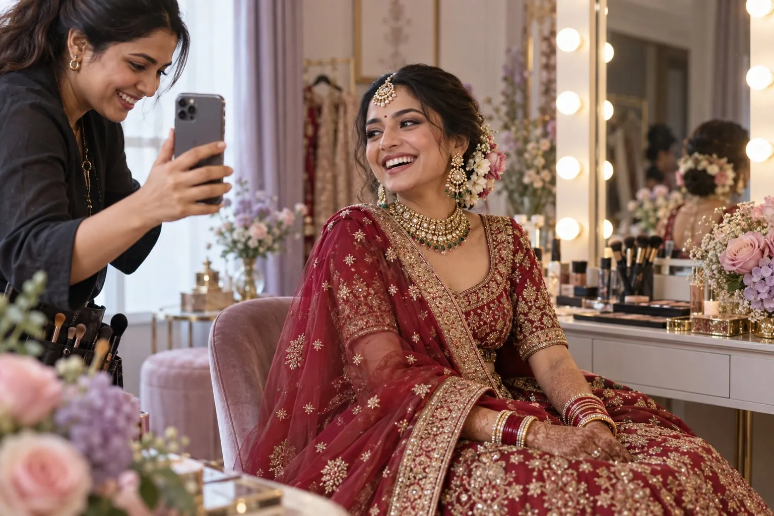 Bride in a crimson lehenga laughing during a makeup trial