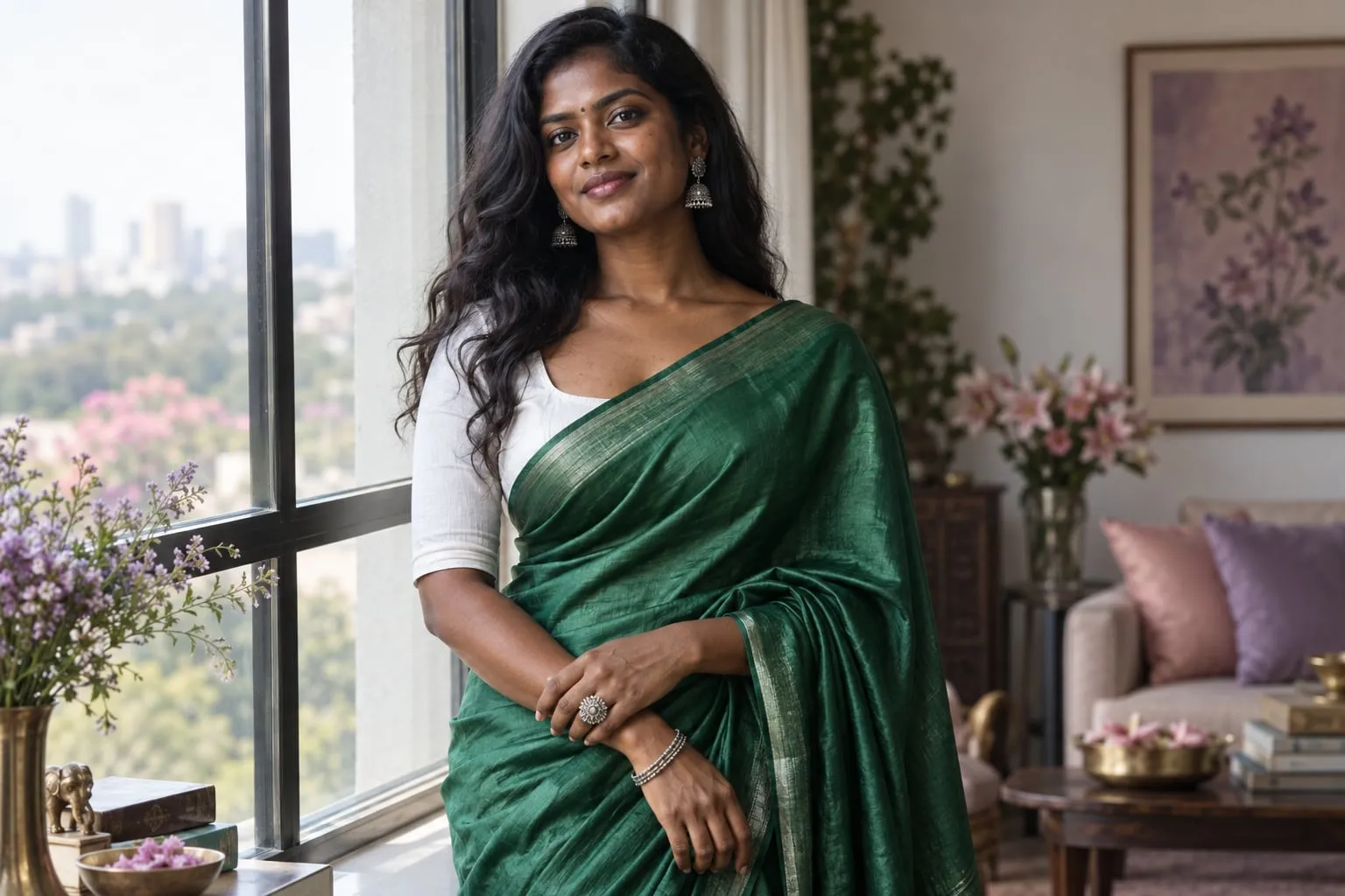 Woman with deep brown skin wearing an emerald saree by a window