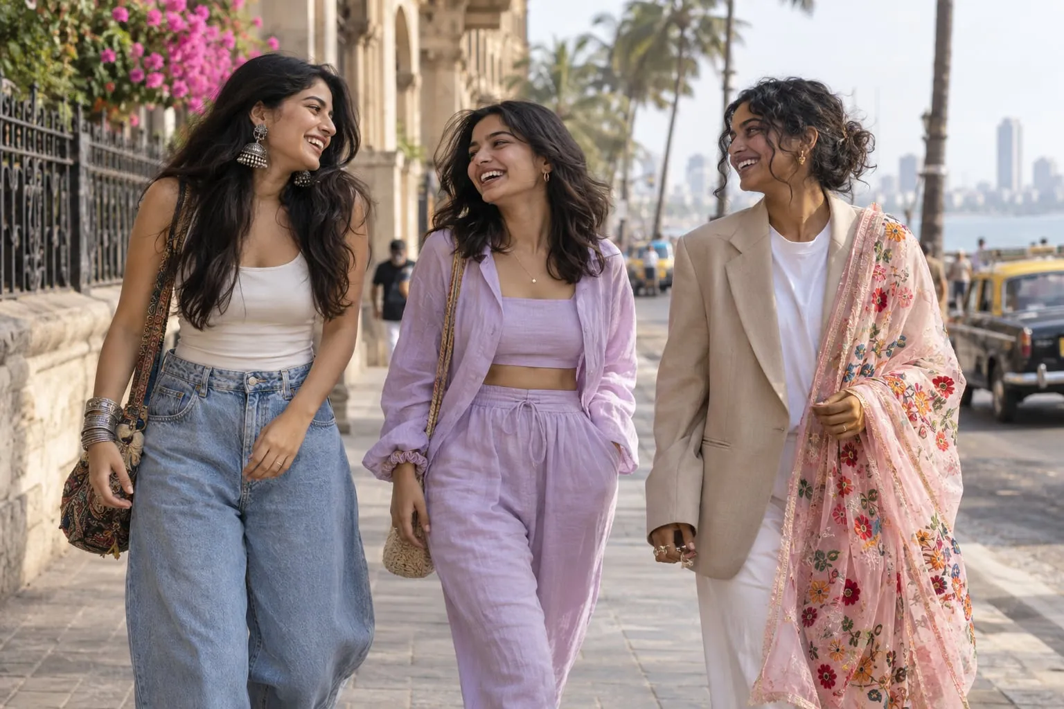 Three friends in denim, a co-ord set, and a blazer with a phulkari dupatta