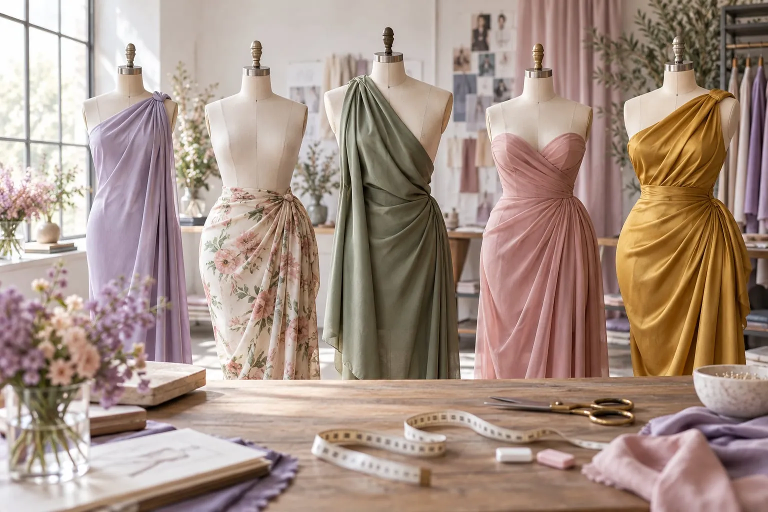 Five dress forms in different proportions in a tailoring studio