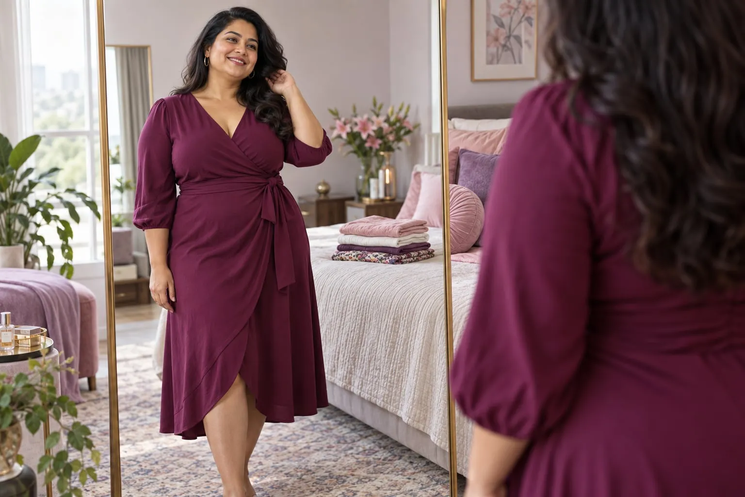 Plus-size woman smiling at herself in a berry wrap dress