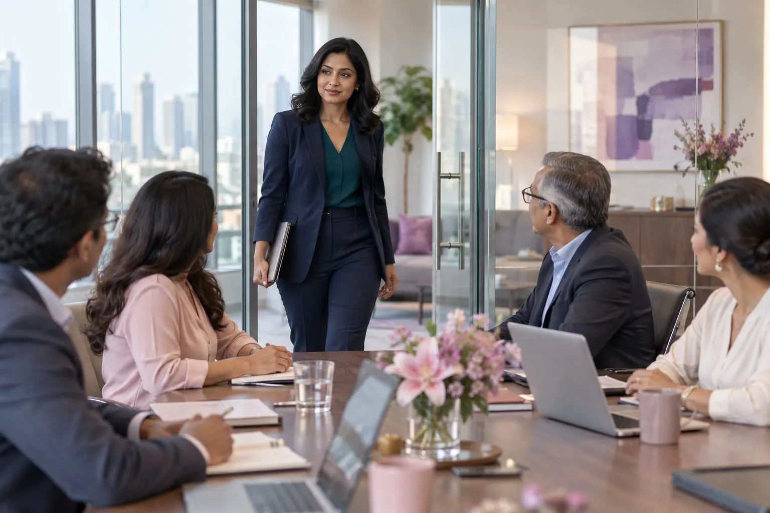 Woman in a navy blazer entering a meeting room
