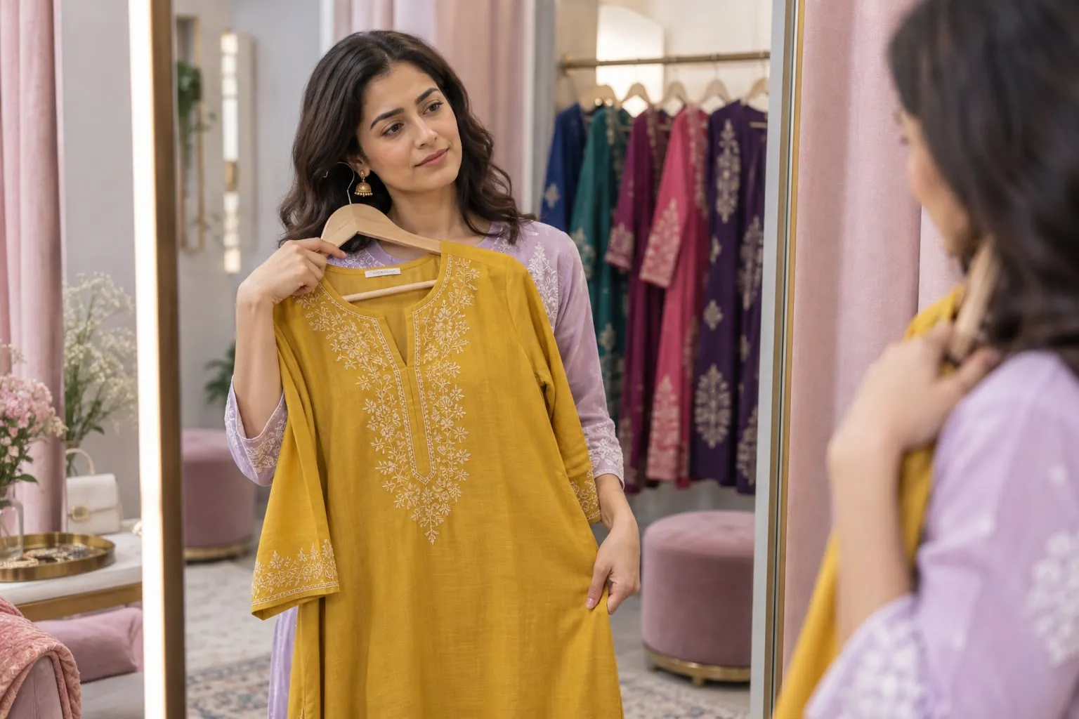 Woman holding a mustard kurta in a boutique trial room
