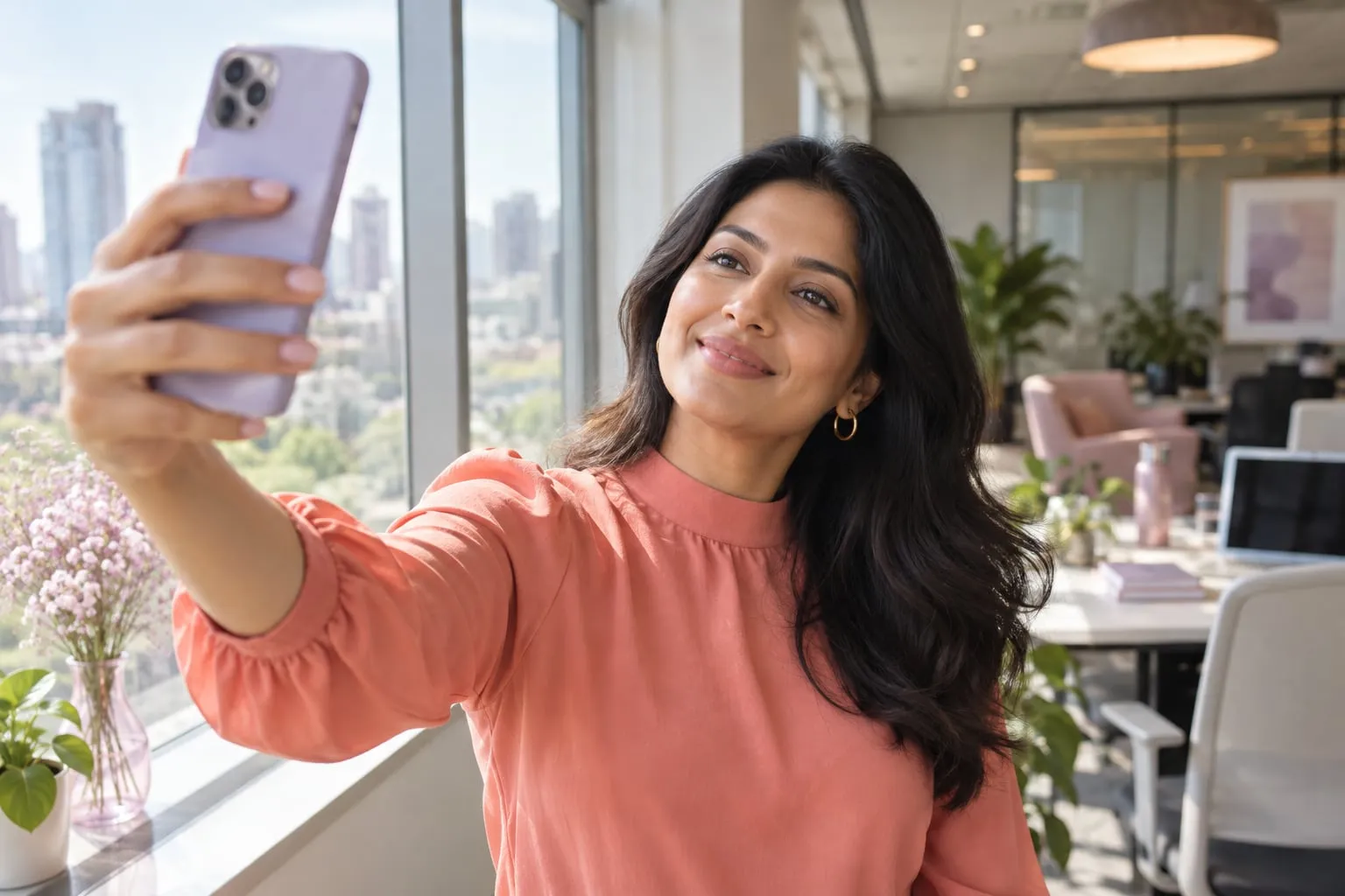 Professional woman taking a selfie by an office window in a coral top