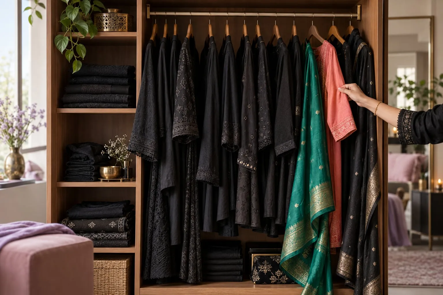 Mostly black wardrobe with an emerald dupatta and coral top