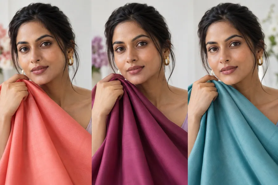 The same woman holding coral, berry and teal fabrics near her face