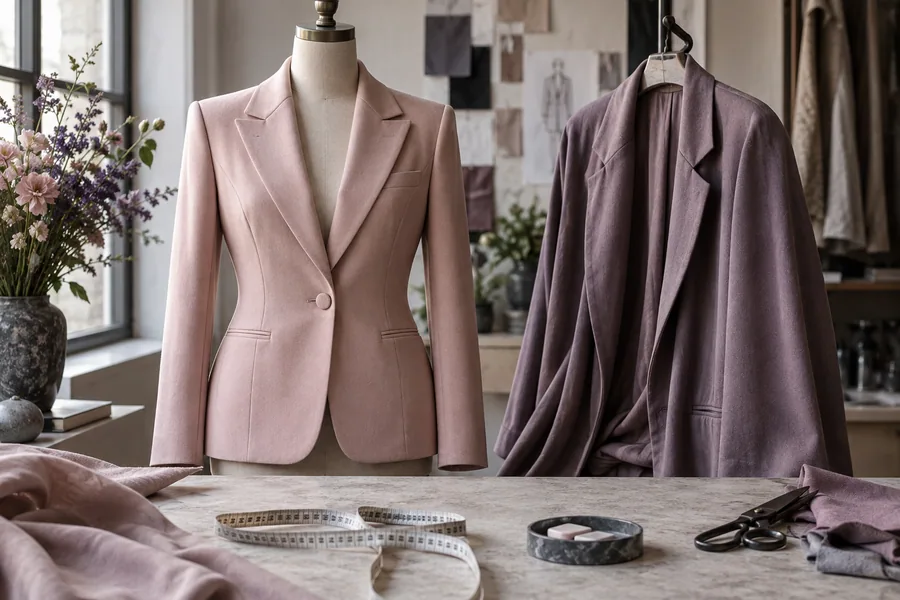 Two jackets with different cuts and drape in a tailoring studio