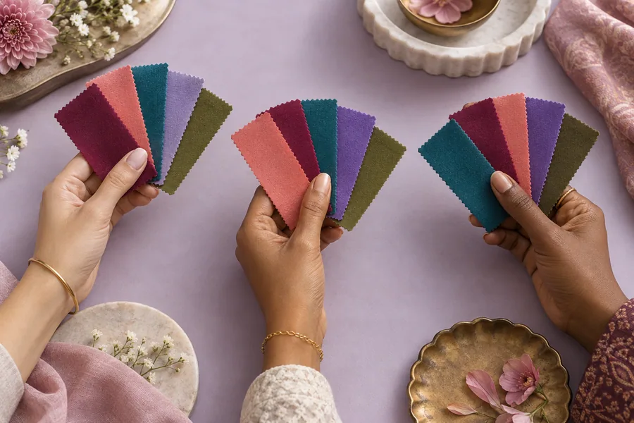 Hands with different skin depths holding colourful fabric swatches
