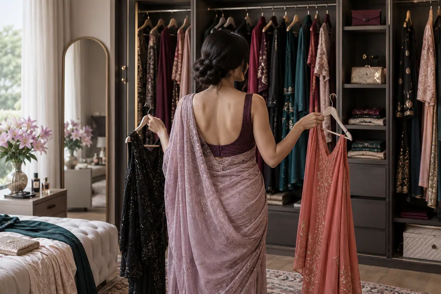 A woman choosing between garments in a full wardrobe