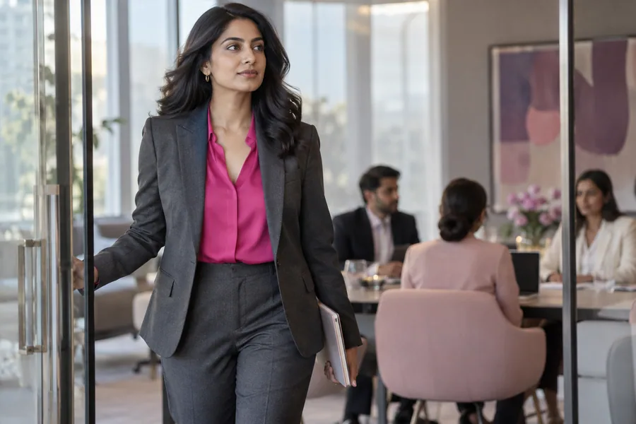 A professional in a tailored blazer entering a meeting room