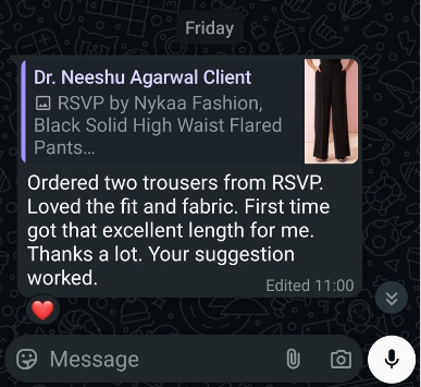 Client message about trousers fitting well