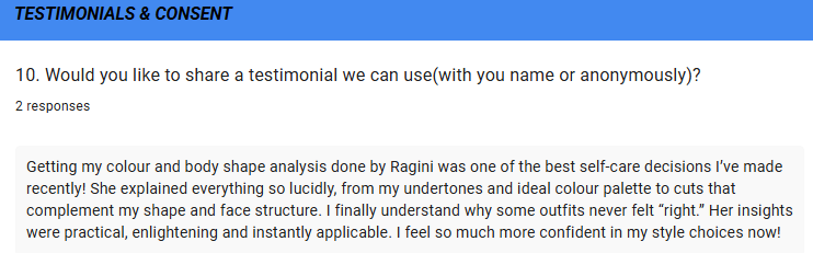 Feedback form response after colour and body shape analysis