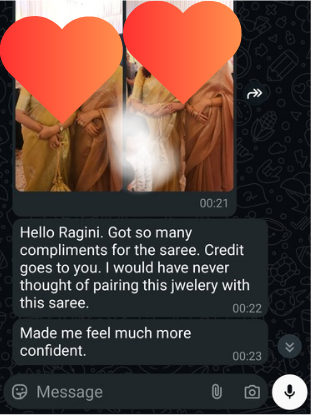 Client message about saree compliments and confidence